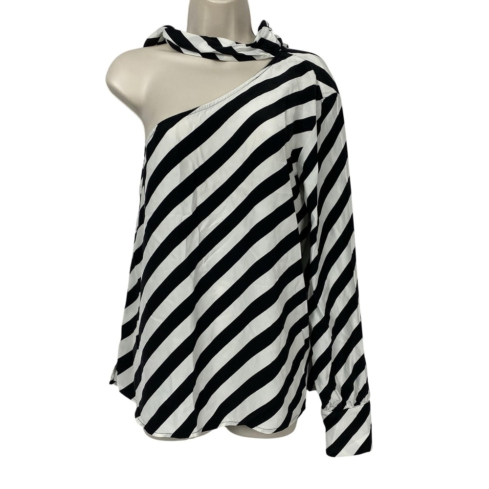 Worth Silk Blouse Womens 8 Black White Stripe One Shoulder Scarf Top Going Out M